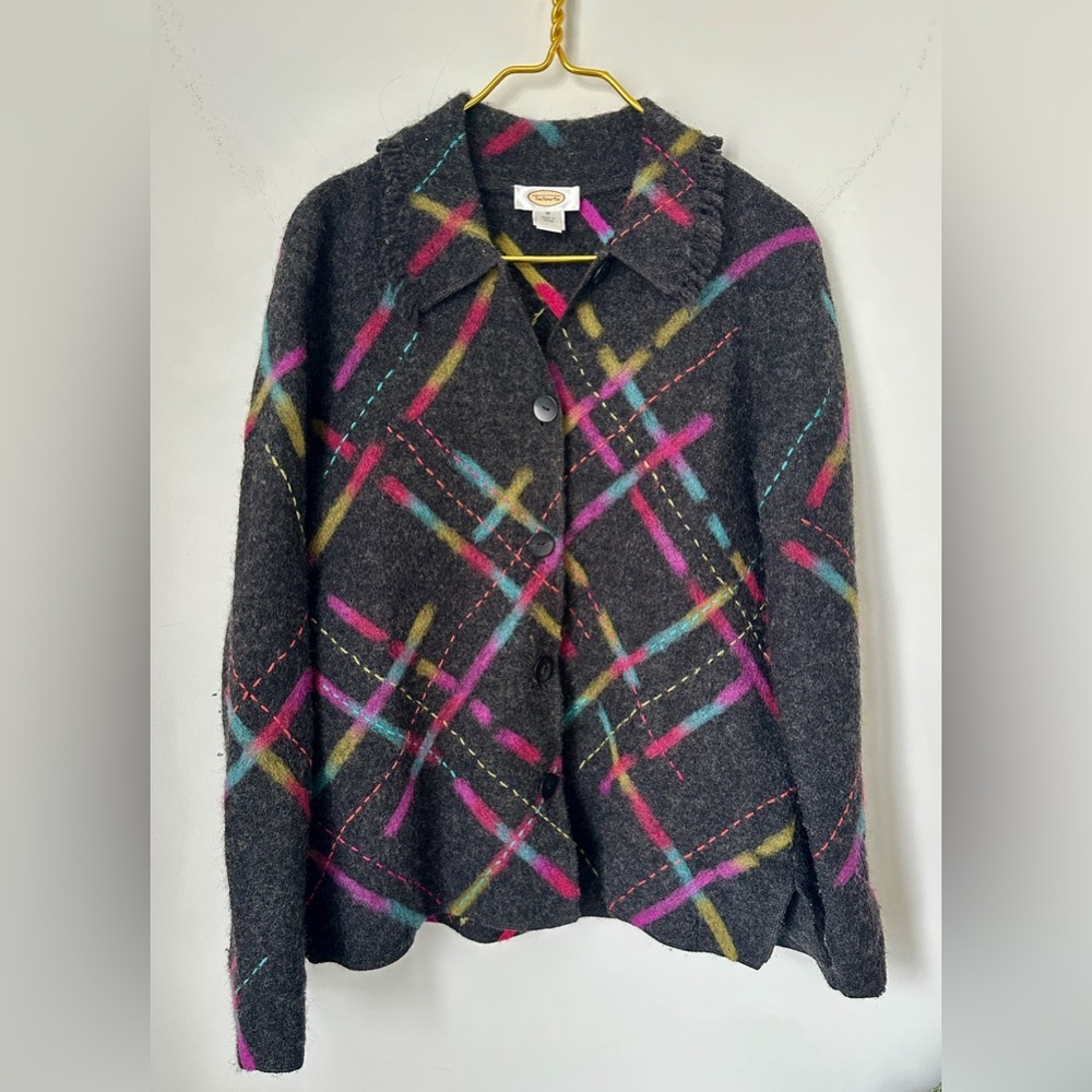 Vintage Talbots 100% Wool Gray Colorful Fringe Collar Button Cardigan Women’s M